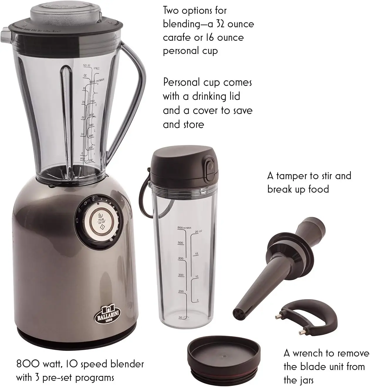 เครื่องปั่นแบบตั้งโต๊ะ Tesoro - สีเทาเมทัลลิก ผลิตในอิตาลี