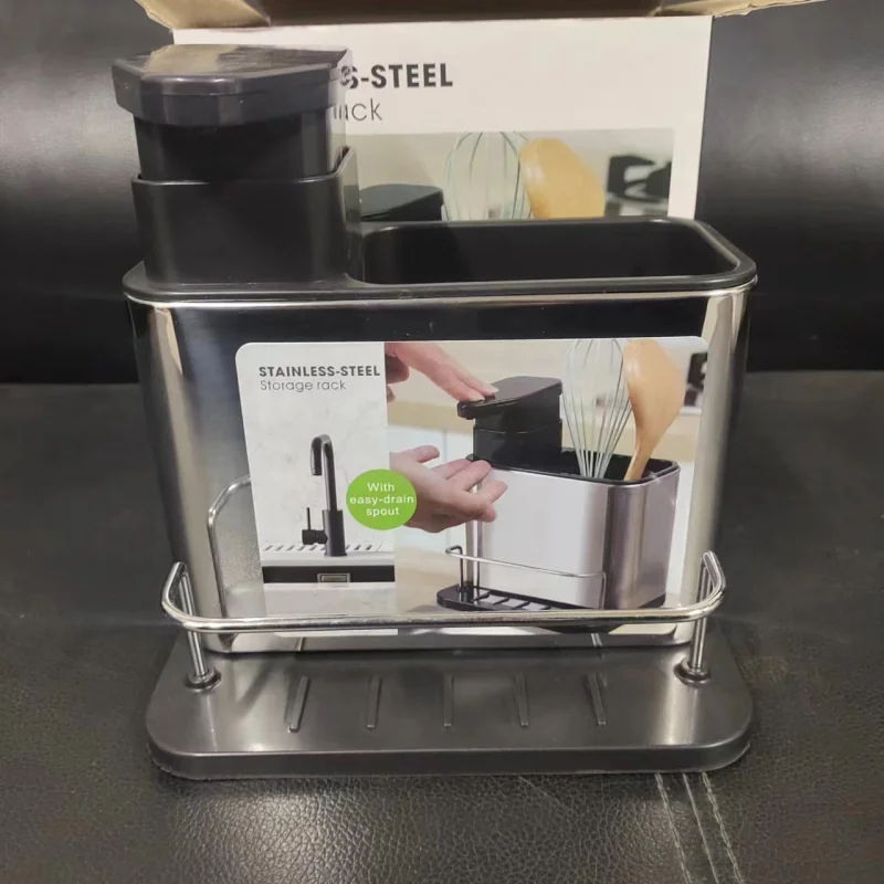 Dispenser di sapone per stoviglie da cucina 3 in 1 in acciaio inossidabile, porta spugna, scolapiatti per organizer per lavello, adatto per lavelli da cucina