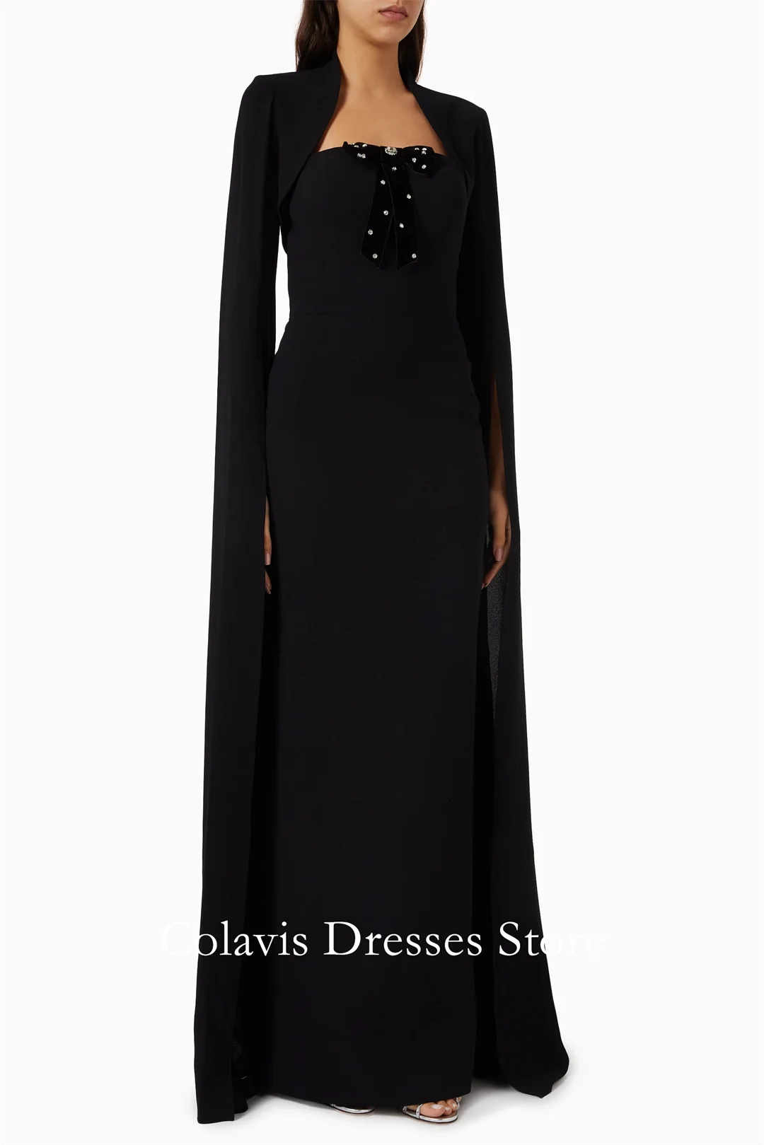 

2025 Customized Strapless Black Cape Sleeves Crepe Plus Size Prom Dresses Evening Dress Women Evening Gowns Formal Party Dress