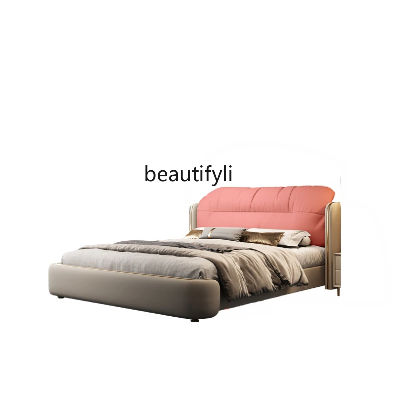 

New Italian Modern Light Luxury Genuine Leather Solid Wood Soft Bag Double People Backrest Two Meters Master Bedroom Bed