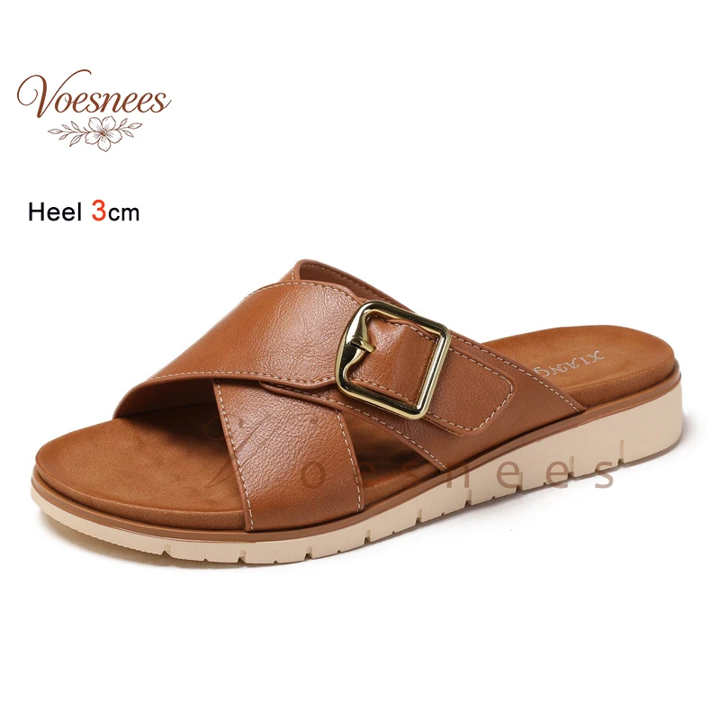 Retro Cross Strap Women Slide Sandals Adjustable Metal Buckle Platform Slippers Casual Non Slip Comfort Beach Walking Flat Shoes