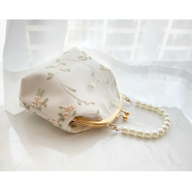 Bolso de Mano Elegante Estilo Chino Retro para Chicas, con Perlas, Bordado Exquisito de Flores y Enredaderas, Ideal para Citas, Té de la Tarde