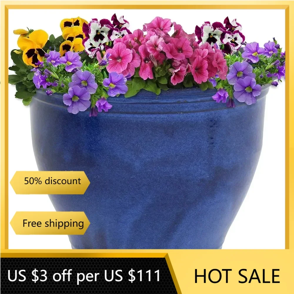 Ceramic Indoor/Outdoor Planter - UV- and Frost-Resistant - Imperial Blue Glazed Finish - 18-Inch