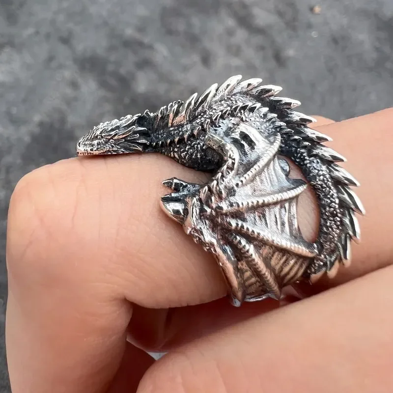 Viking Style Alloy Huge Dragon Ring for Men Male Fashion Jewelry as gift with wooden box