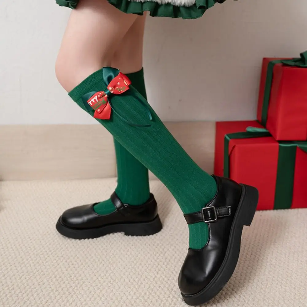 Casual Middle Tube New Year Red Socks Green Thicken Christmas Socks Princess Sweet Bow Hosiery for Kids Autumn