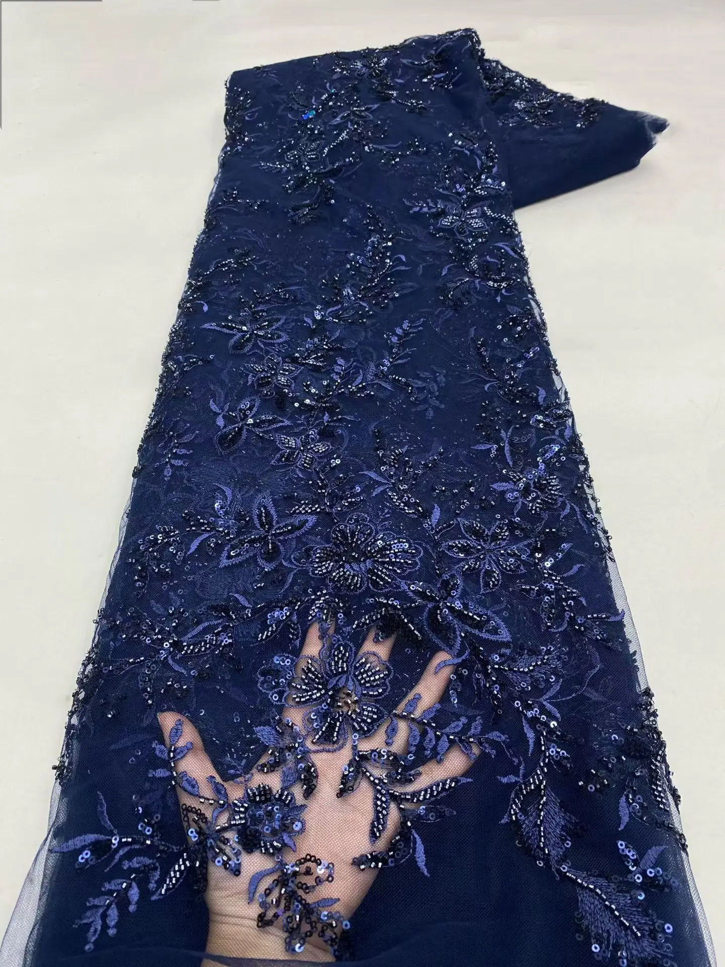 Luxury African Sequins Tulle Lace Fabric High Quality French Nigerian Handmade Beads Lace Fabric For Wedding Dress Sew PXX26142
