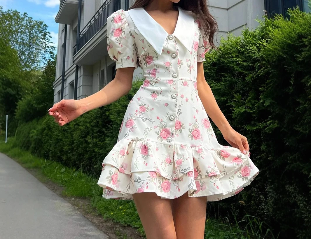 

French V-neck Puff Sleeve Dress 2025 Summer Cinched Waist Printed Skirt Ruffle Dress