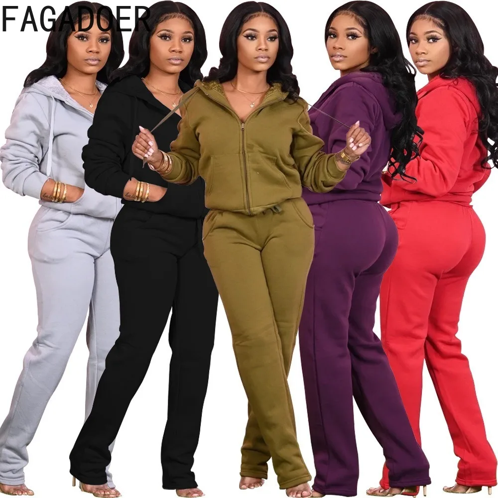 

FAGADOER Winter New Casual Woman 2 Piece Set Outfit Solid Color Long Sleeves Hooded Crop Top and Pants Suit Female Streetwear