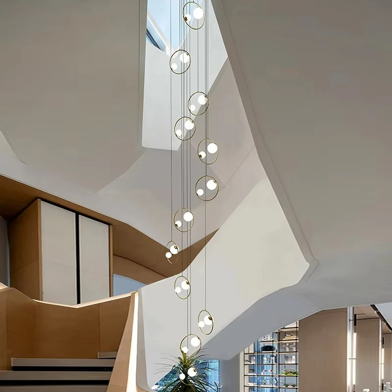 

2025 Modern Bubble Ball White Lampshade Glass LED chandelier Gold/Black Brass Ceiling Dimmable for Spiral Staircase Decoration