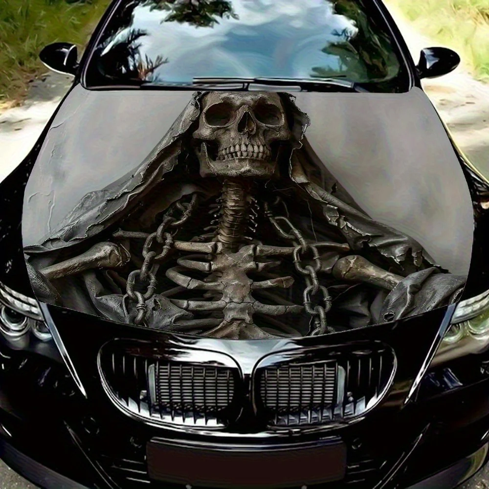 

Skeleton Printed Car Hood Stickers With Chains Attached, Decorative Scratch Stickers For Car Parts And Accessories, Vinyl Printe
