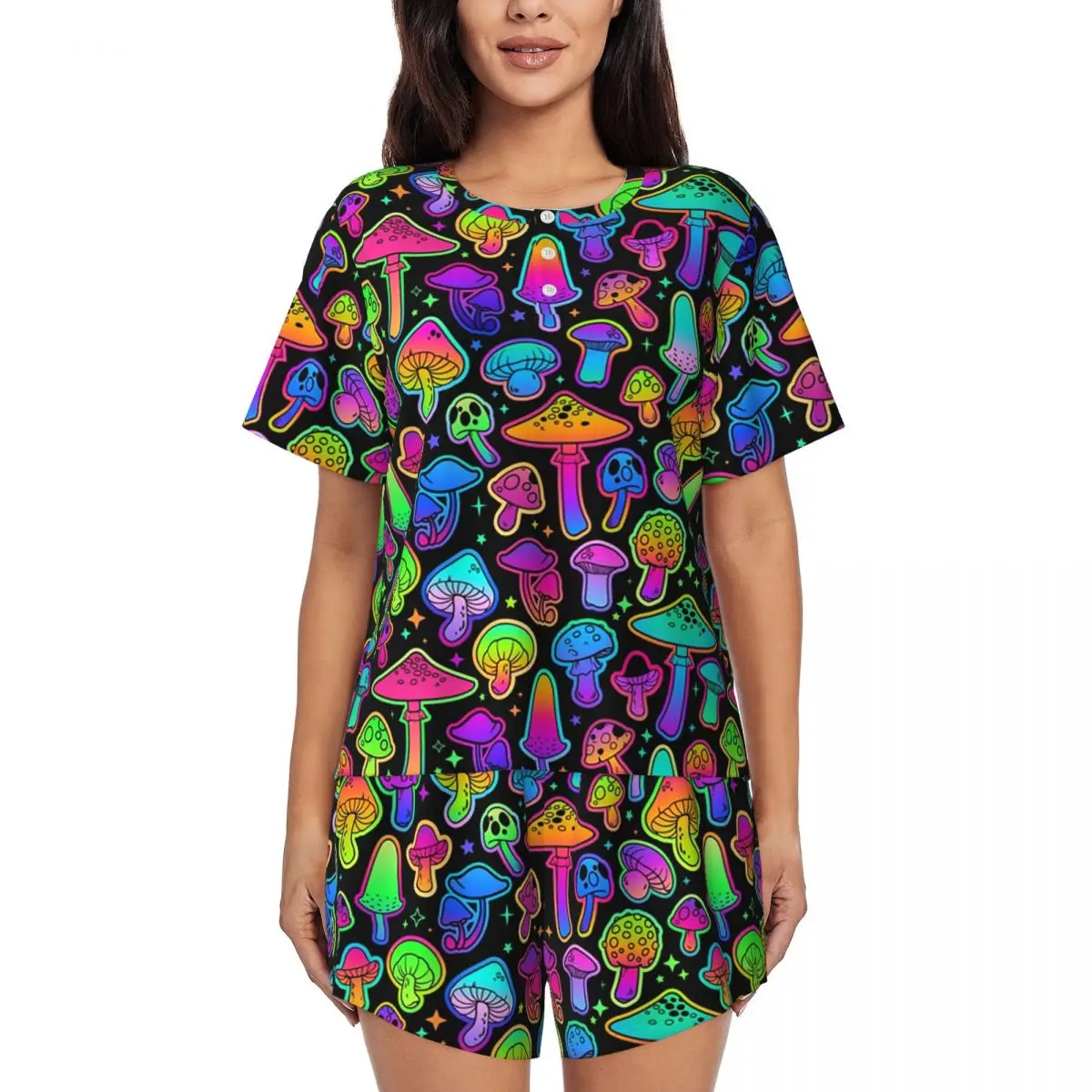 Women's Psychedelic Magic Rainbow Mushrooms Pajamas Set Custom Print Short Sleeve Sleepwear Loungewear Pjs 2 Piece Sets