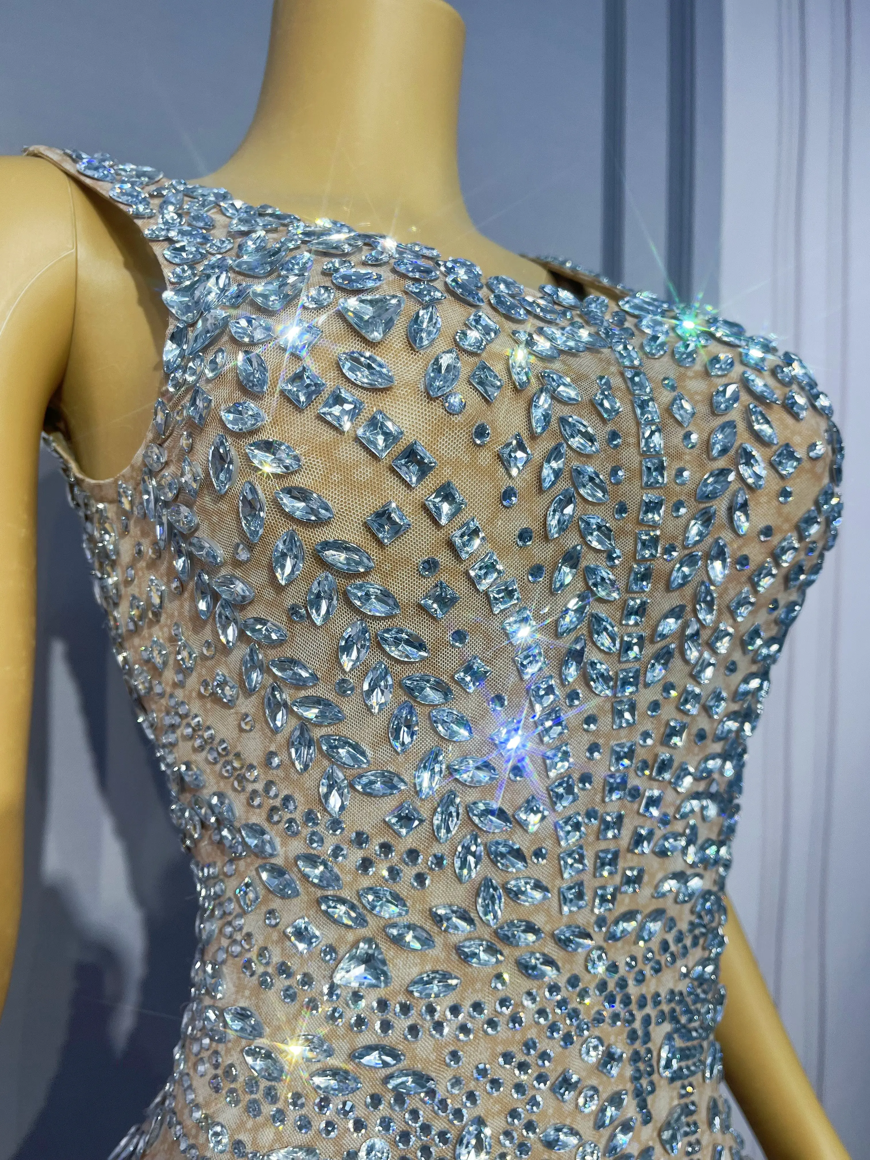 Flashing Silver Rhinestones Sleeveless Cultivation Maxi Dress Women Evening Wedding Elegant Gown Party Red carpet Wear Baixuehua