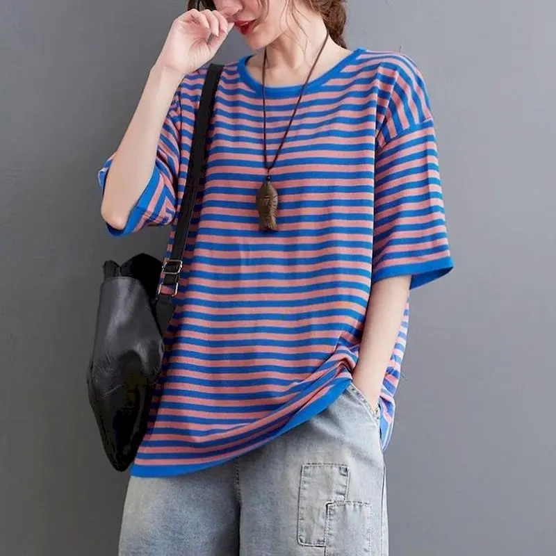 Cotton Stripe T-shirts Women Casual Loose Short Sleeve Slim Tops Summer Trend Thin Oversized T Shirt Korean Style Tshirt Y2k Top