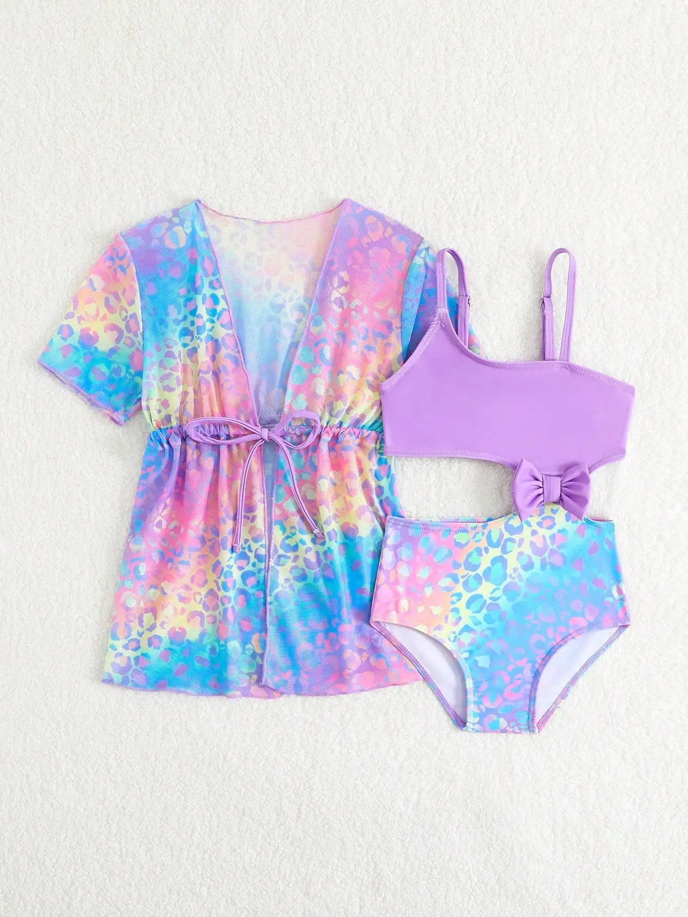 

Пастельный комплект бикини с леопардовым принтом, прозрачной накидкой и бантом