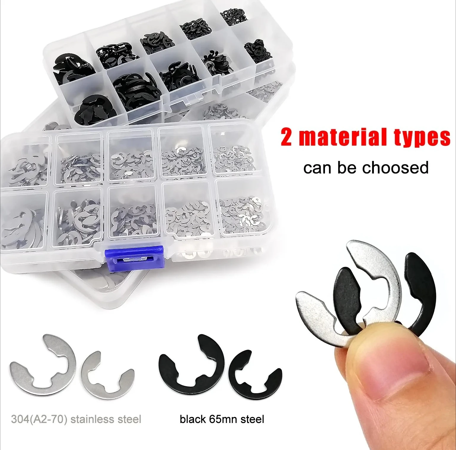 1 set of black 65mn 304 A2 stainless steel mixed M1.2 to M15 kit E-type shaft bearing outer retaining ring snap washer