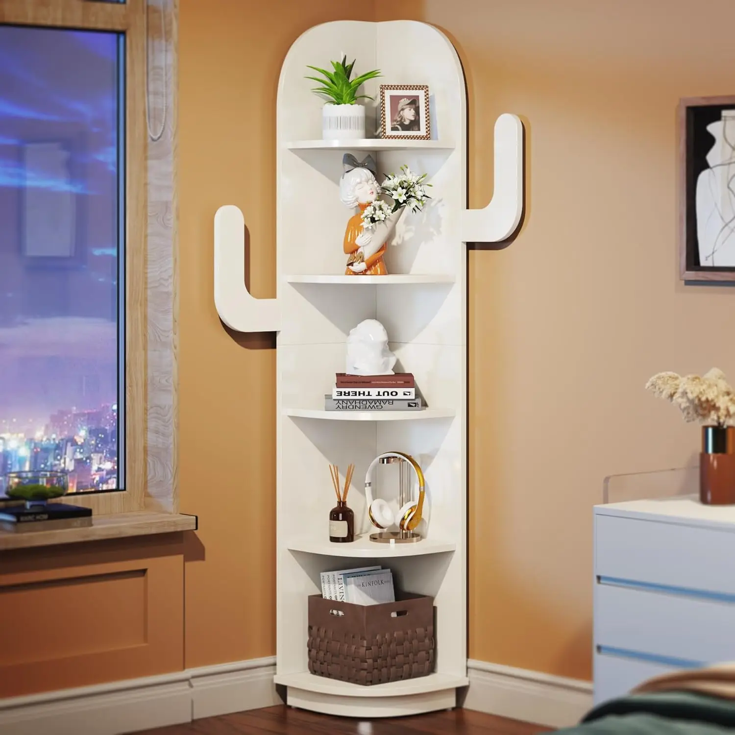 5 Niveaus Witte Hoekplank, 66-Inch Hoge Schattige Cactusvormige Hoekplank, Vrijstaande Kleine Boekenkast Plant Opbergrek