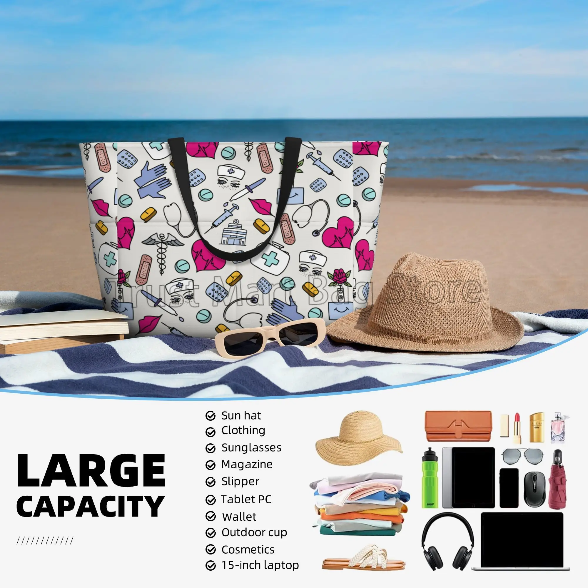 Nurse Print Beach Tote Bags for Women Waterproof Sandproof Large Pool Bag Stylish Zipper Beach Tote for Swim Gym Travel Shopping