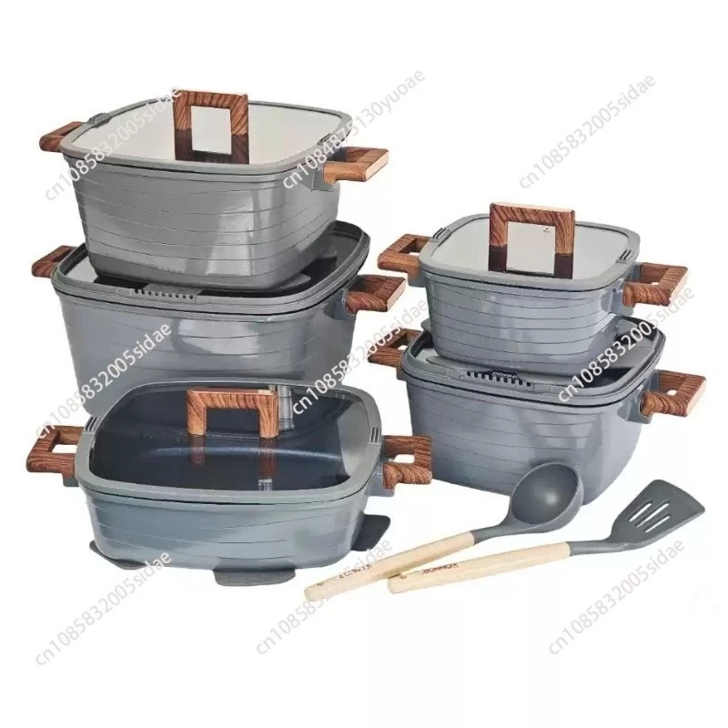 15 Piece Die Cast Aluminum Cookware Set, Non Stick Square Pots and Pans Induction Ready with Lids Utensils