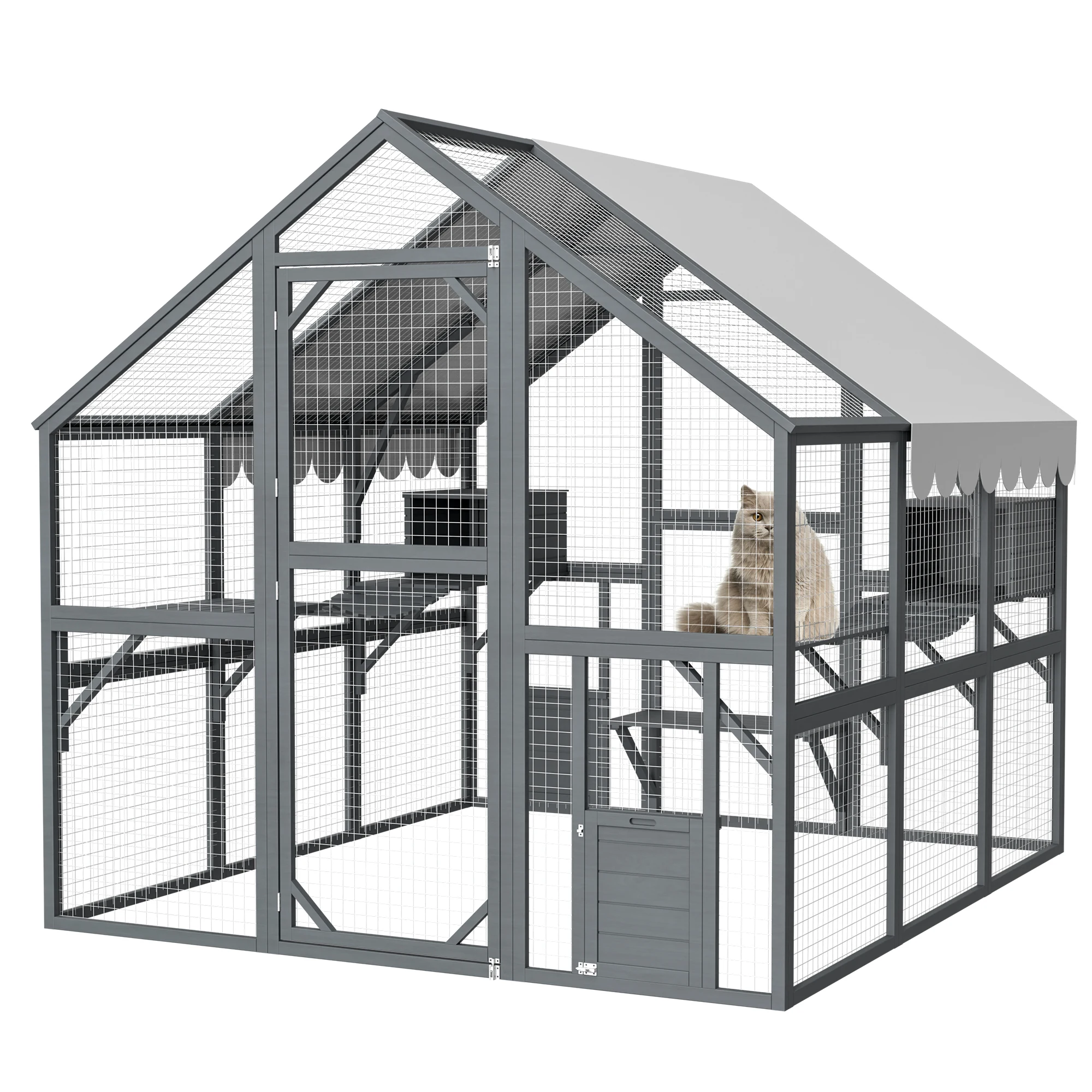

Large Outdoor Cat House, 83"Expanse Luxury Wooden Cat Run Enclosure Walk in Cat Catio Kitten Condo w/Cat Doors, Roof Cover, Grey