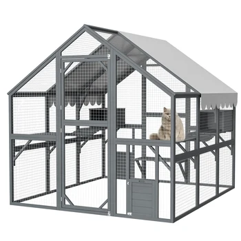 Large Outdoor Cat House, 83"Expanse Luxury Wooden Cat Run Enclosure Walk in Cat Catio Kitten Condo w/Cat Doors, Roof Cover, Grey