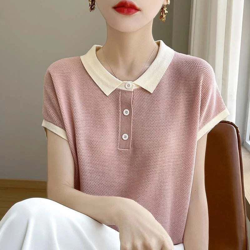 Women Summer Sweater Polo Neck Korean Fashion Short Sleeve Tee Pullover Loose Casual Ice Silk Female Outwear Clothing view 2