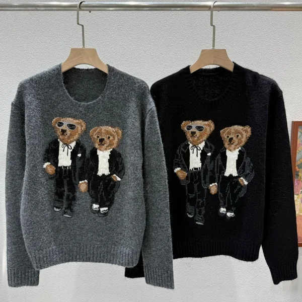 

Осень-зима 2022, вязаный длинный светер Camere, свободный крой, повседневный свитер с мультяшной вышивкой и медведем для женщин