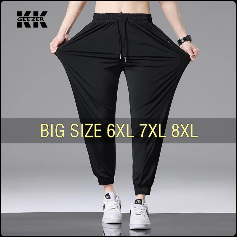 Men Ice Silk Lightweight Elastic Pants 6XL-8XL Plus Size Brand Quick Dry Thin Breathable Stretch Summer Beach Home Streetwear