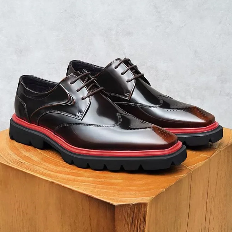 High Quality Brogue Pattern Business Formal Leather Shoes Men Dress Shoes Anti-slip Thick Soles Square Toe Lace-up Derby Shoe