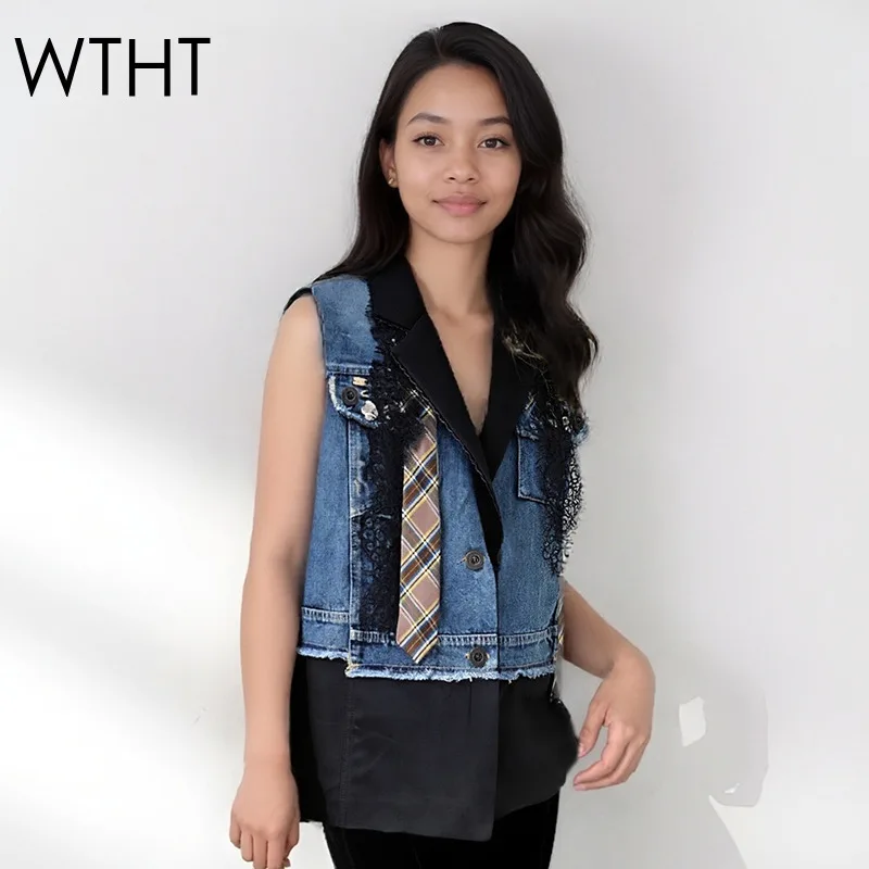 

WTHT Trendy Women's Patchwork Denim Design Plaid Tie Loose Vest 2025 Autumn Fashion Lapel Sleeveless Waistcoat Female 1LS2718