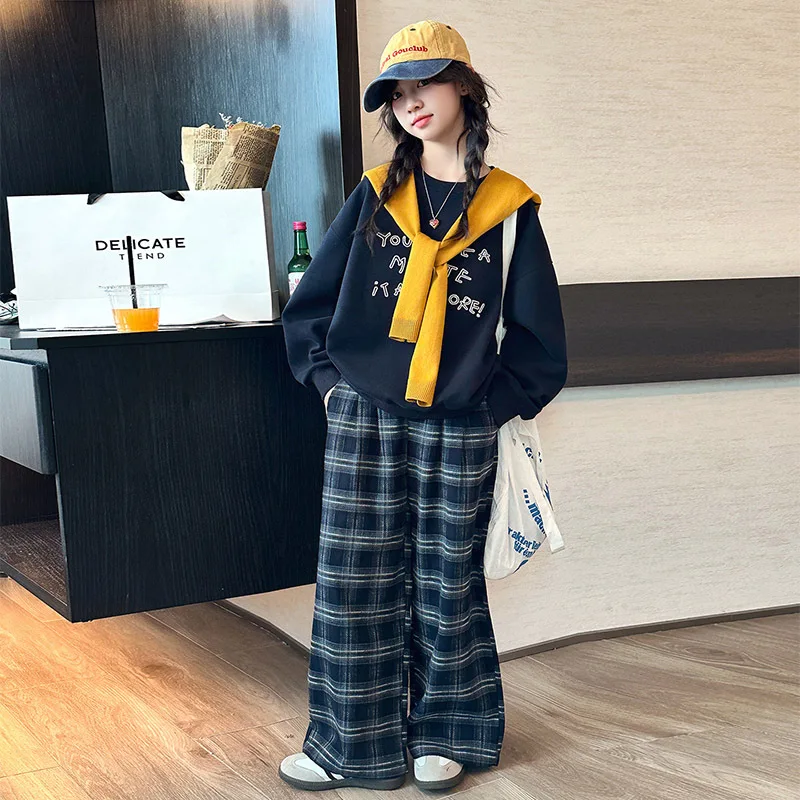 

Детский комплект из 2 предметов для девочек, осенний корейский детский свитшот с шалью и буквенным принтом для девочек-подростков, клетчатые штаны для девочек от 4 до 14 лет, комплекты для девочек