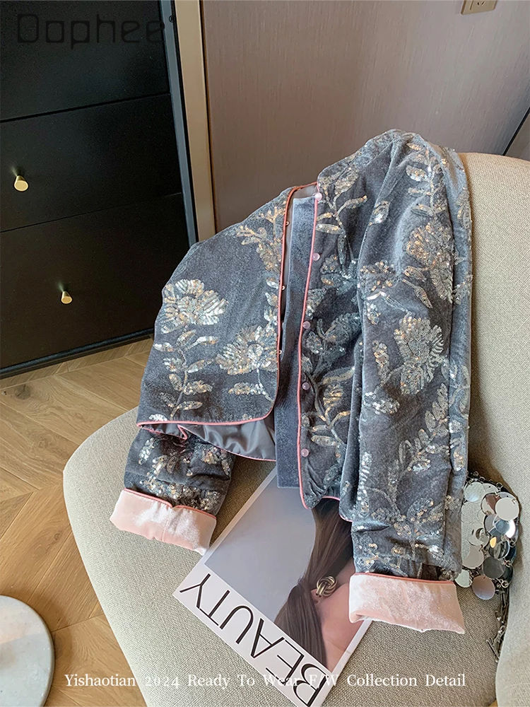 Heavy Industry Sequin Velvet Embroidered Jackets for Women 2025 Autumn New High-end Elegant Single-breasted Loose Casual Jacket