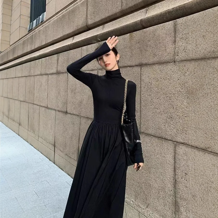 Vestido fino coreano elegante, vestido midi elegante e chique, vestido casual de manga comprida em camadas, vestido fluido de mistura de algodão plissado