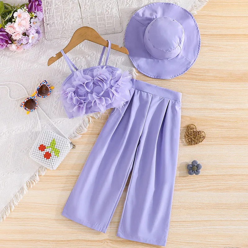 

Summer Baby Girl Clothes Korean Fashion Cute Flowers Sleeveless Tops+Loose Pants+Hat Boutique Kids Clothing Children's Sets B091