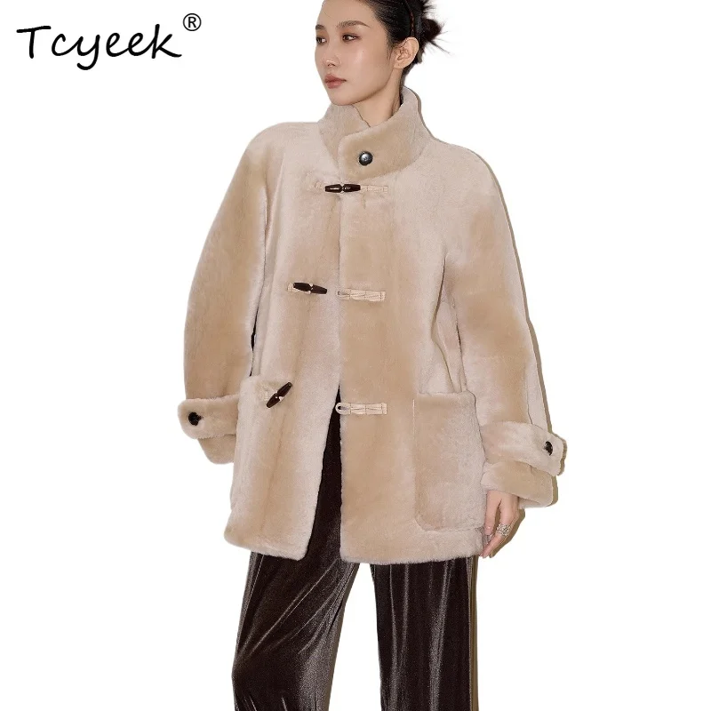 

Tcyeek Autumn Winter High End Fur One-piece Loose Standing Collar Casual Medium Length Women's Wool Fur Coat Fourrures Femme