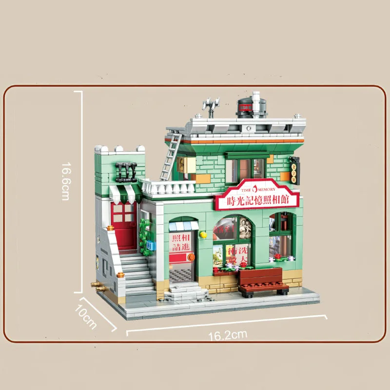 Mini bloc créatif avec vue sur la rue de la ville chinoise, théâtres de films, Studio Photo, bureau de poste, boutique de tailleur, jouets figurines en brique de construction