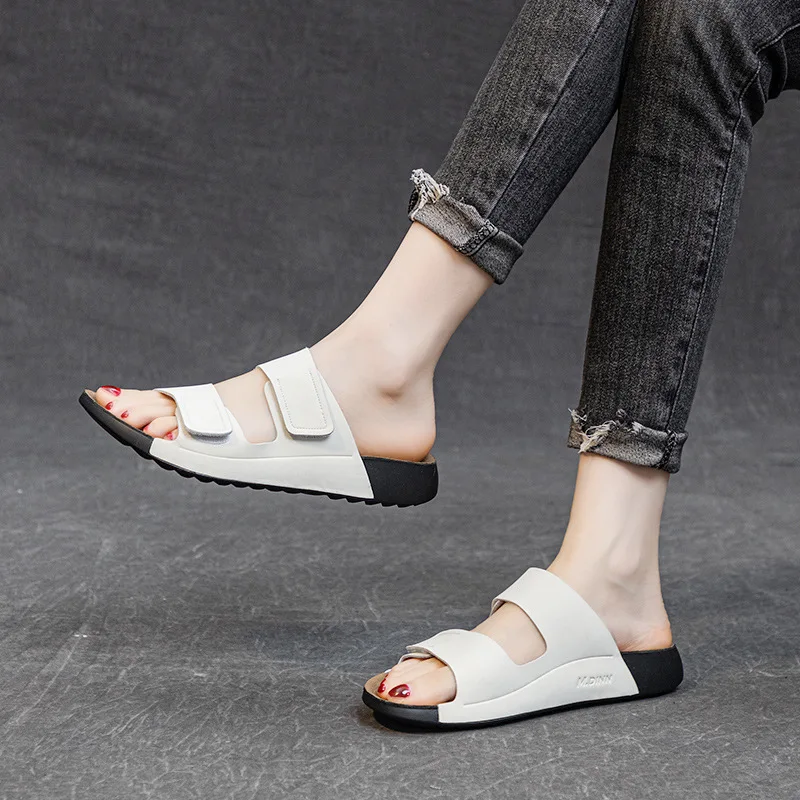 Women Slippers Outside 2023 Leather Breathable Slippers Women Casual Thick Sole Sandals, Anti Slip Soft Sole Beach Shoes Slipper