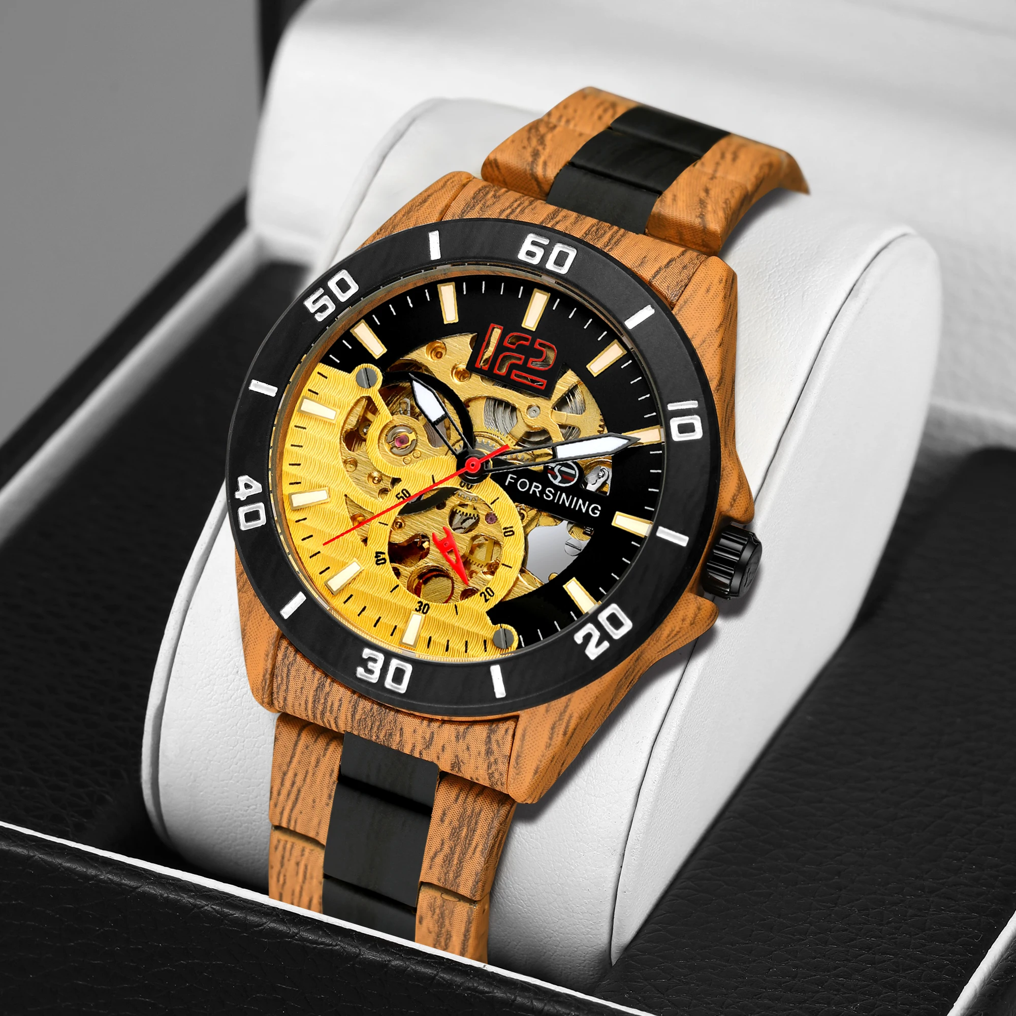 

Luxury Forsining Skeleton Wristwatches Imitation Wood Grain Stainless Steel Strip Automatic Watches for Men Transparent Watch