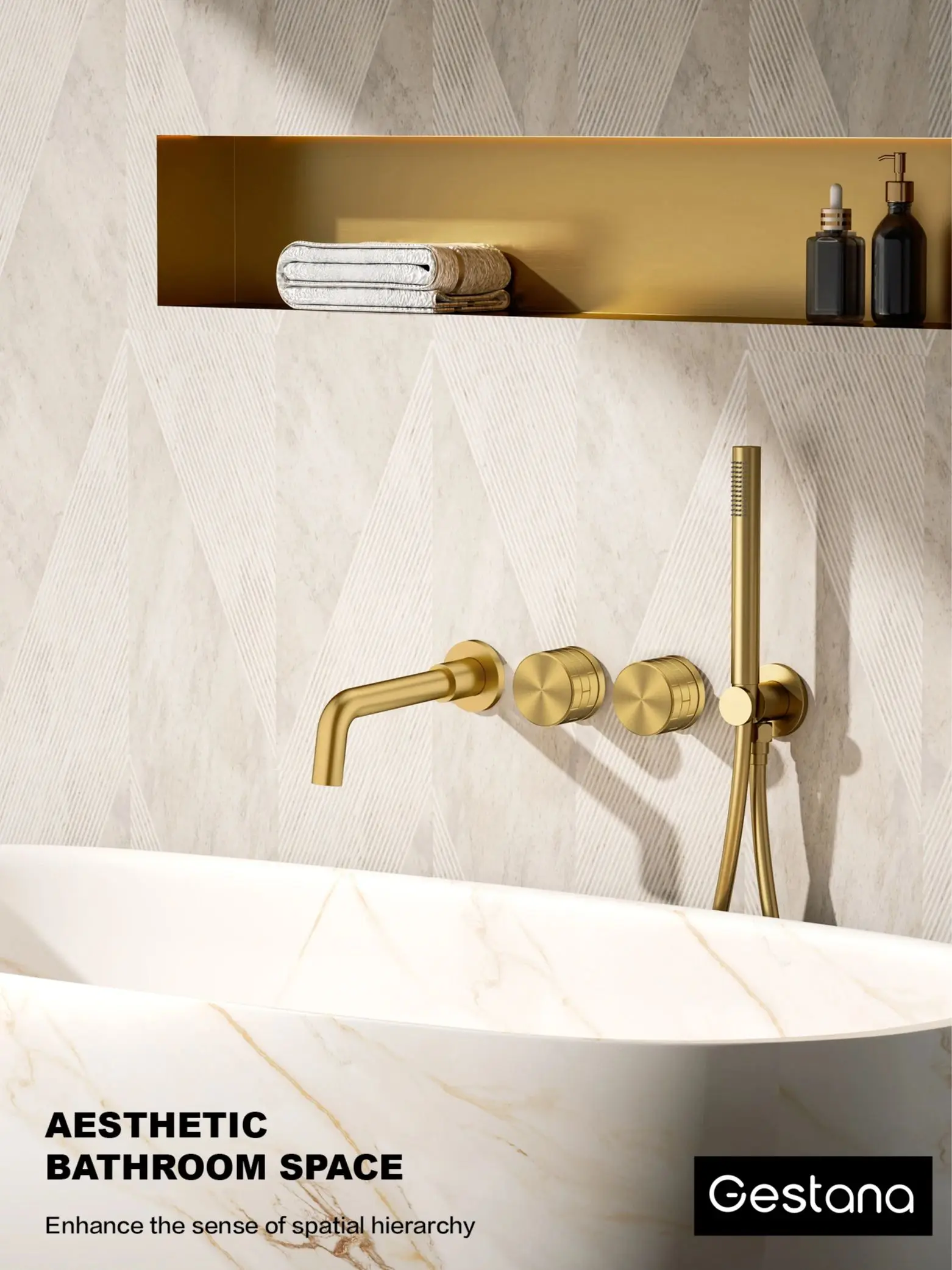 Luxe messing geborsteld goud wandgemonteerde badkamerkraan met ingebedde dubbele handgreep warm en koud water 2-functie badkuipmengkraan - afbeelding 2