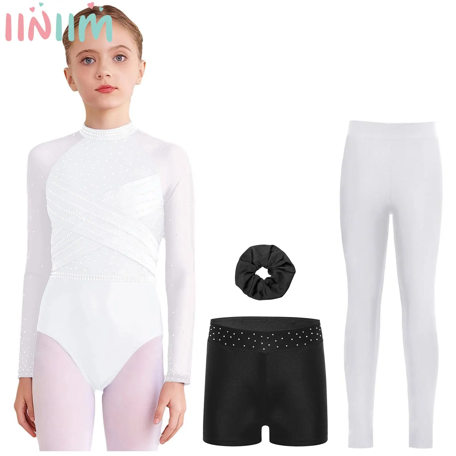 

Kids Girls Ballet Gymnastics Sets Sports Workout Outfit with Sheer Sleeves Rhinestone Leotard Shorts and Leggings