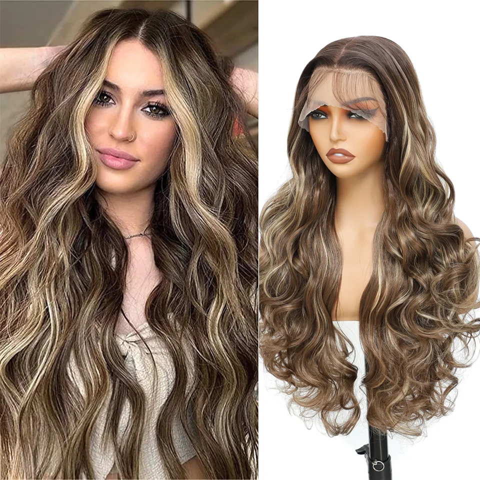 

13x4 Body Wave Transparent Lace Front Wigs 13x4 Highlight Color Lace Front Wigs 30 Inch Long Ombre Synthetic Hair Wigs For Women