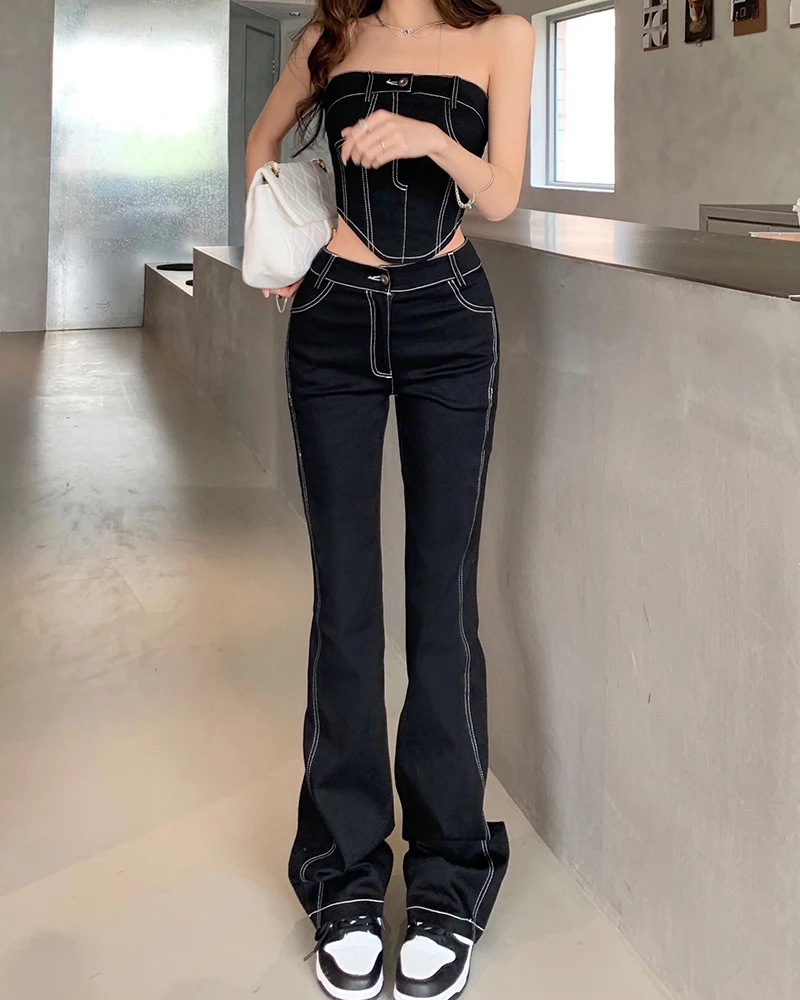 2024 Spring Flare Jeans For Women Line Denim Straight Pants Jeans Full Length Female Trousers Jean Sleeveless Sexy Vest 4530