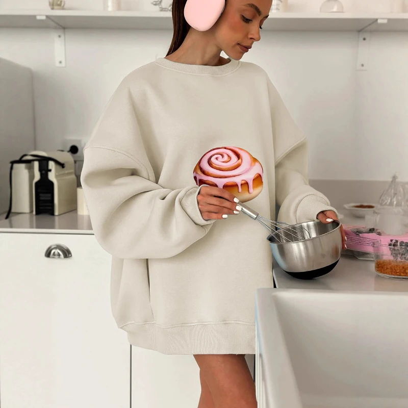 TARUXY Fashion Cake Printed Sweatshirt Women Loose Long-Sleeved Round-Neck Autumn Commuting Pullover Sweatshirt Female Clothing