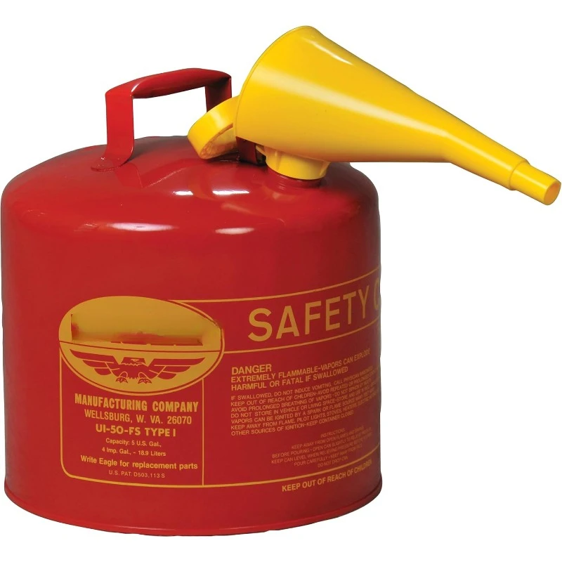 5 Gallon Type I Red Safety Gas Can for Gasoline with Flame Arrester, Self-Closing Lid, and F-15 Funnel, Made in the USA