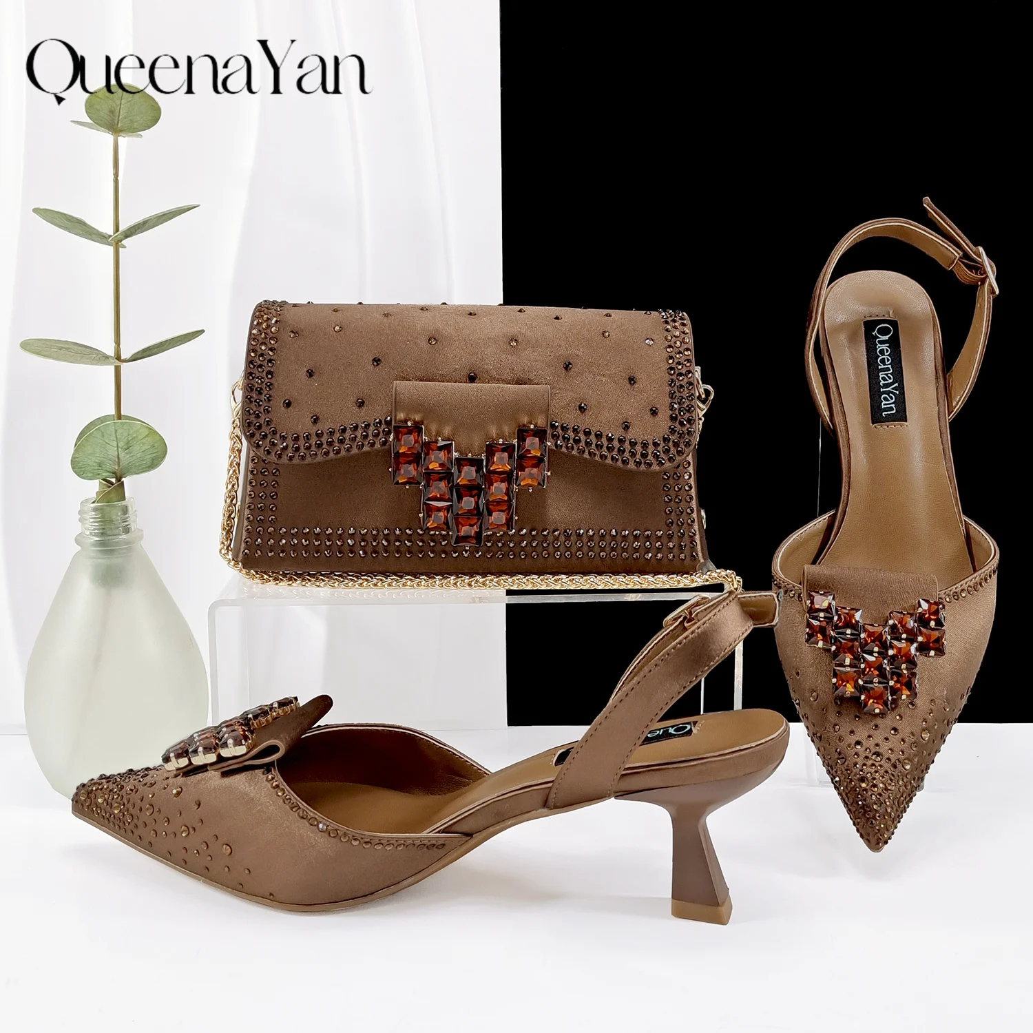 

QueenaYan2026 New Elegant Coffee Color Pointed-Toe Italian Women's High-Heeled Shoe and Bag Set with Diamond Design for Parties