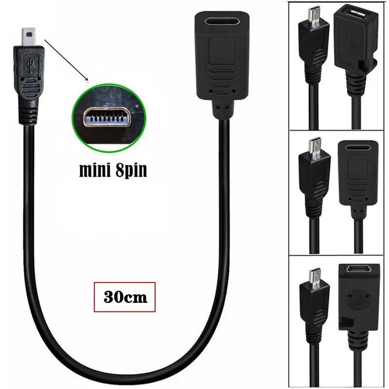 Mini 8Pin Male To Type-C Micro 5P Mini 5P Female Data Charging Cable 8Pin To C-Type Female T-Port Digital Camera Data Cable 30cm