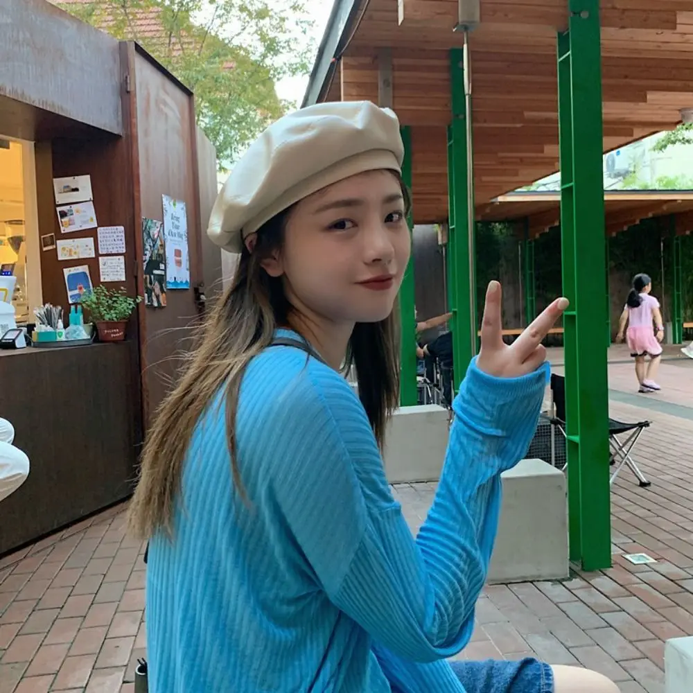 أزياء الصلبة اللون بو القبعات الرجعية النمط البريطاني شقة أعلى الكورية Y2K الرسام قبعة السفر #2