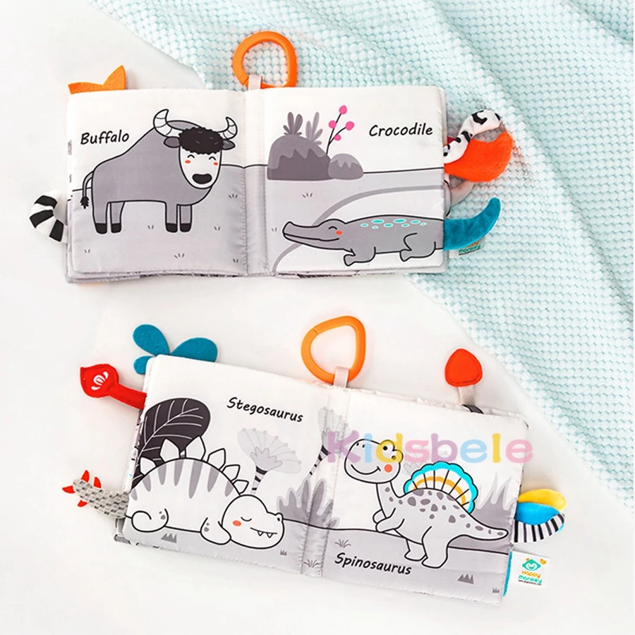 Livre en tissu doux pour bébé avec queue d'animal, livre d'activités sensorielles froissées pour nourrissons, jouet de poussette de berceau d'apprentissage précoce pour 3 à 12 mois