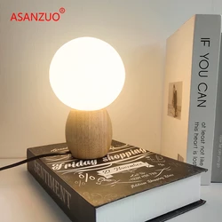 Lámpara de mesa de madera nórdica, decoración de bola de cristal blanco leche, lámpara de noche para dormitorio, estudio, protección ocular para niños, lámpara de escritorio LED cálida