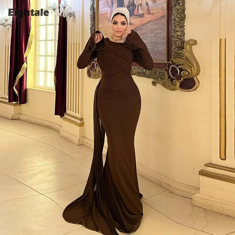 

Eightale Arabic Evening Dress Prom Gown Customized O-Neck Strethcy Brown Long Sleeve Wedding Party Dress Mermaid Robes De Soirée