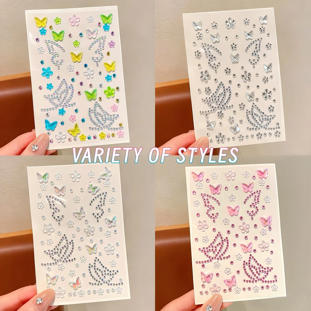 2 Stück Bling rosa weiße Schmetterling Blume Edelstein Tattoos Aufkleber selbstklebende Diamant temporäre Tattoo für Auge Gesicht Körper Juwelen Dekor – Detail 8